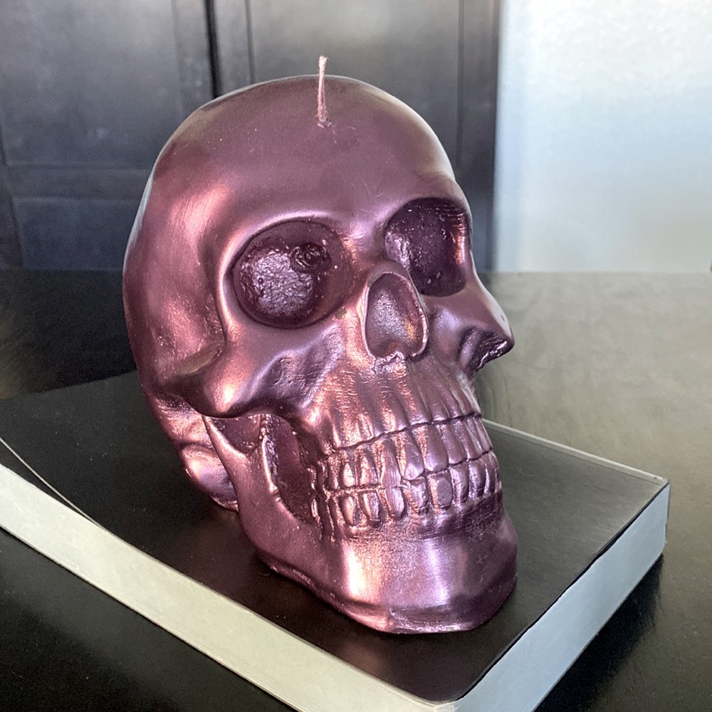 BN Halloween candle metallic purple skull 6”x6”